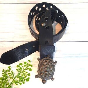 Vintage 70s Black Leather Belt With Turtle Buckle By Paris' Size 40